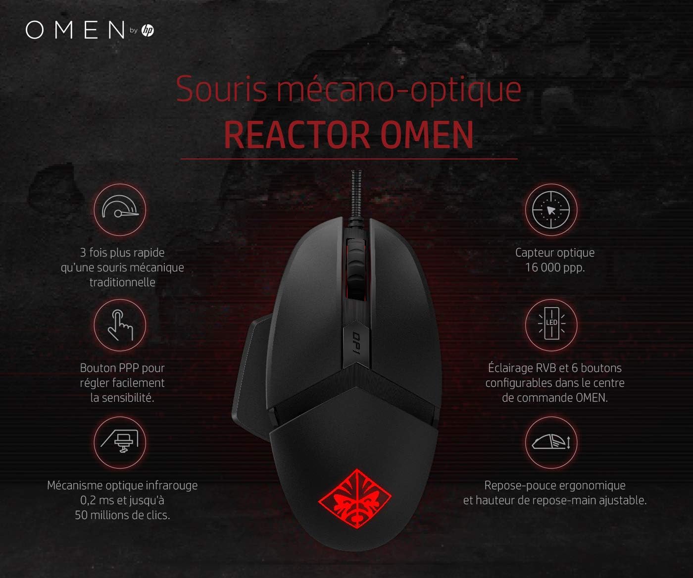 HP OMEN Reactor - Souris Gaming Noire  0,2 ms 6 Boutons Programmables 16 000 DPI RGB