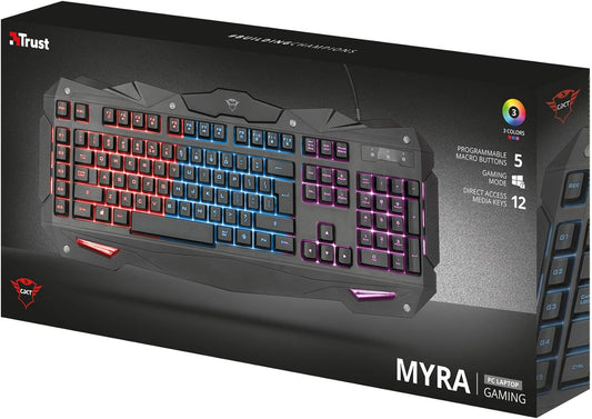 Clavier Trust GXT 840 Myra Gamer Led Lumineux - Anti Ghosting, 12 Touches Multimédias, 5 touches macros programmables - AZERTY