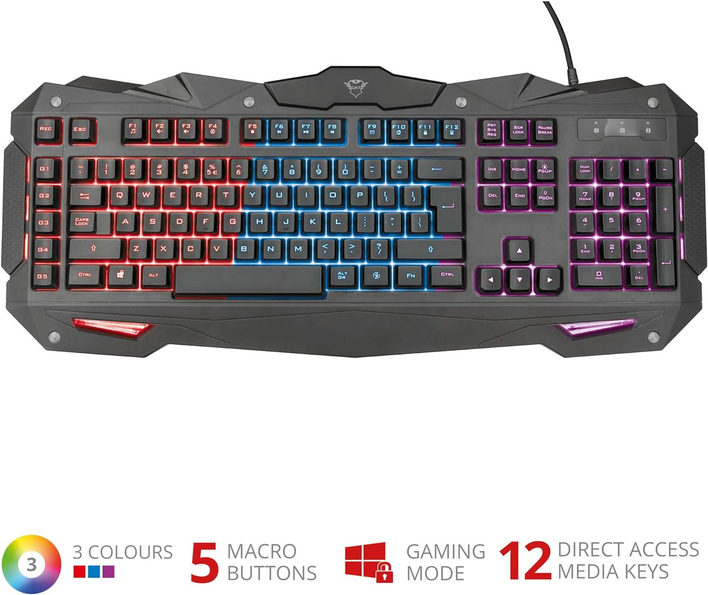 Clavier Trust GXT 840 Myra Gamer Led Lumineux - Anti Ghosting, 12 Touches Multimédias, 5 touches macros programmables - AZERTY