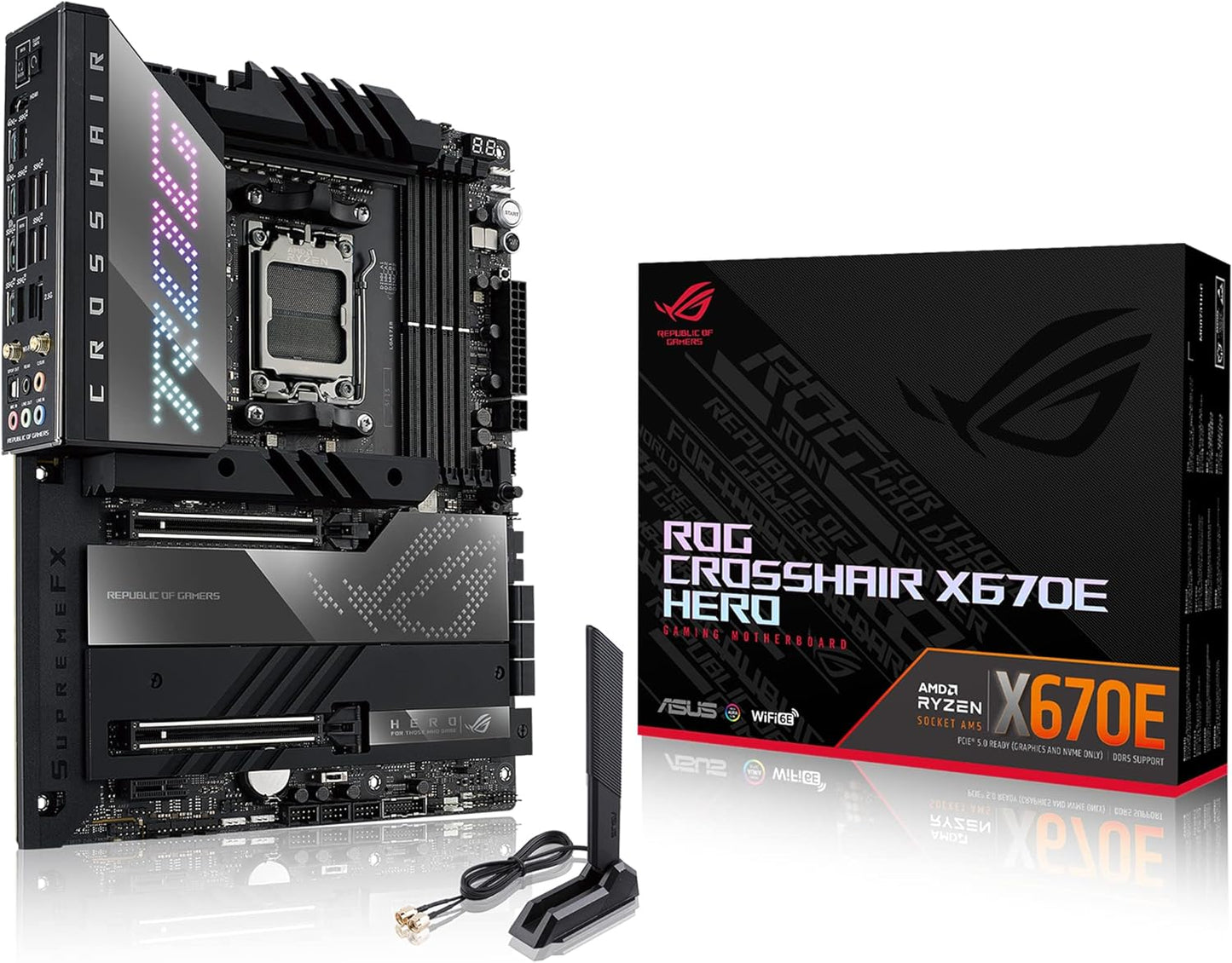 ASUS ROG Crosshair X670E Hero AMD AM5 Ryzen™ Desktop 9000 8000 & 7000 8 + 2 Power Stages - PCIe® 5.0-  DDR5 - 5X M.2 Slots - USB 3.2 Gen 2x2 Quick Charge 4+ USB4® -  Wi-Fi 6E